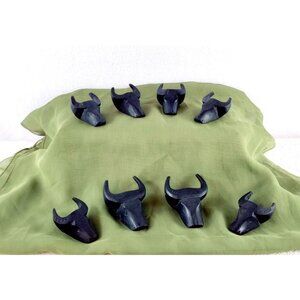 Water Buffalo Napkin Rings Hand Carved Hard Wood Black Set of 8 Vtg MCM Bull Hds